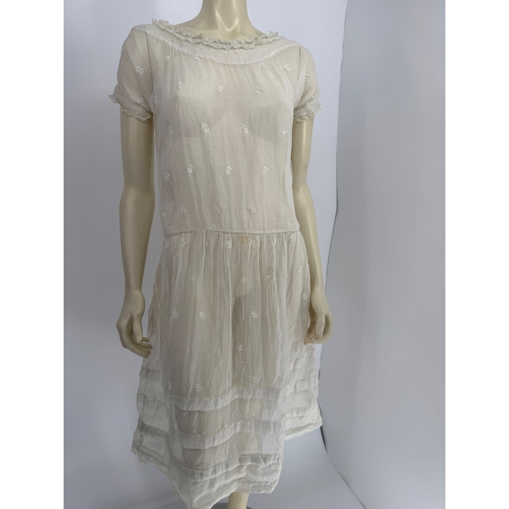 Antique c1915 White Linen Voile Embroidered Lingerie Dress Lace Edwardian 1910s